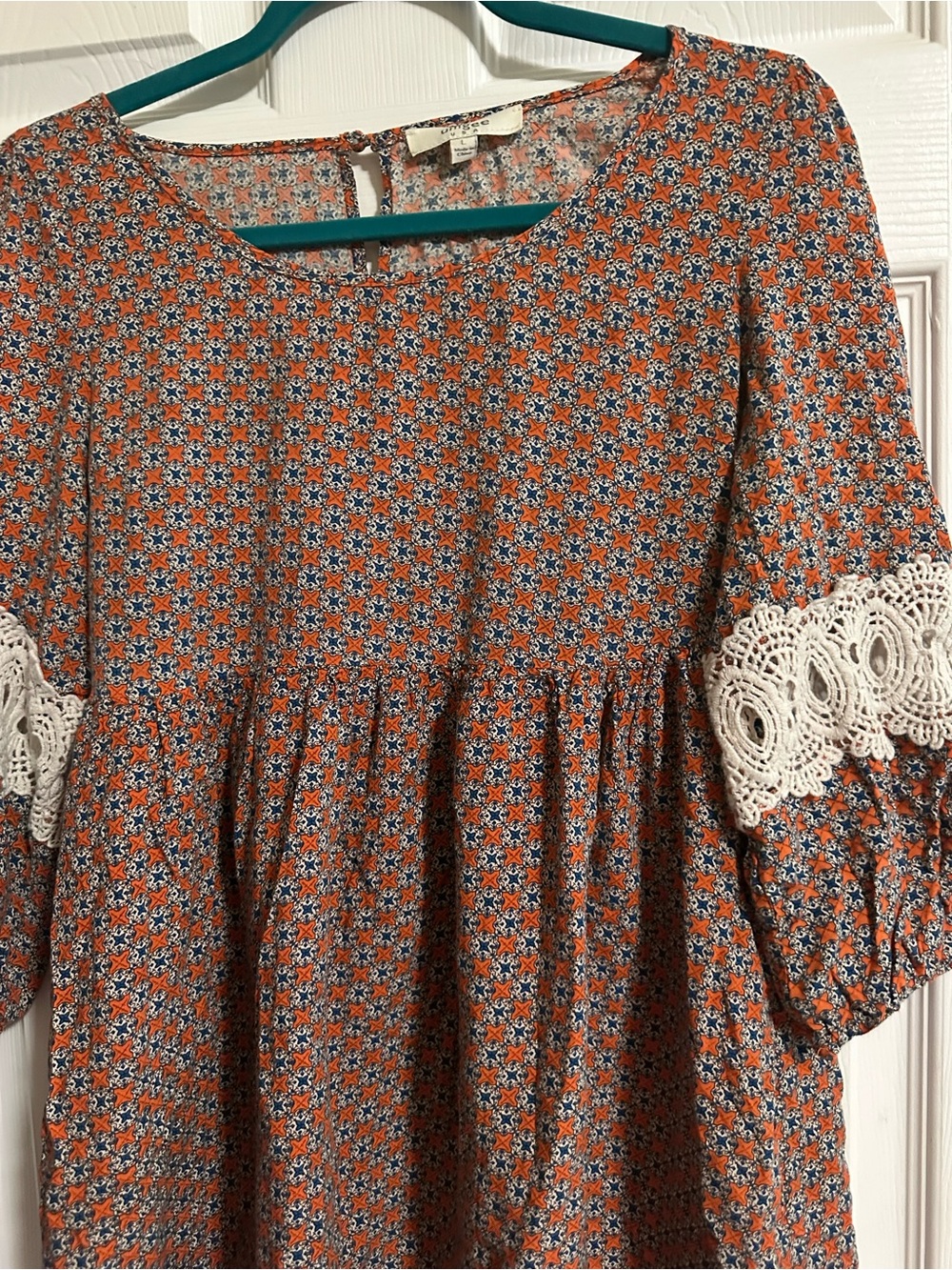 Umgee Boho Peasant Mini A-line Dress Size Large Blue & Orange Geometric - Picture 3 of 8
